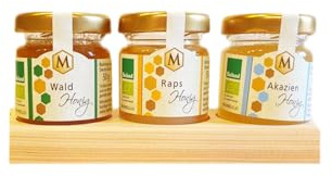 Josef Muhr Honigbrettl 3×50 g BIOLAND – Mini Bio-Honige im Probier-Set, Deutscher Blüten- & Sortenhonig, naturbelassen, mild & aromatisch – Geschenk-Set im Glas