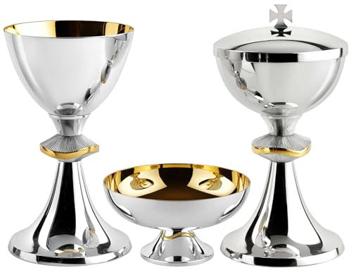 Holyart Kelch, Ziborium, Hostienschale, Messing zweifarbig versilbert/vergoldet, Knoten mit Wellenform, Molina, Kelch
