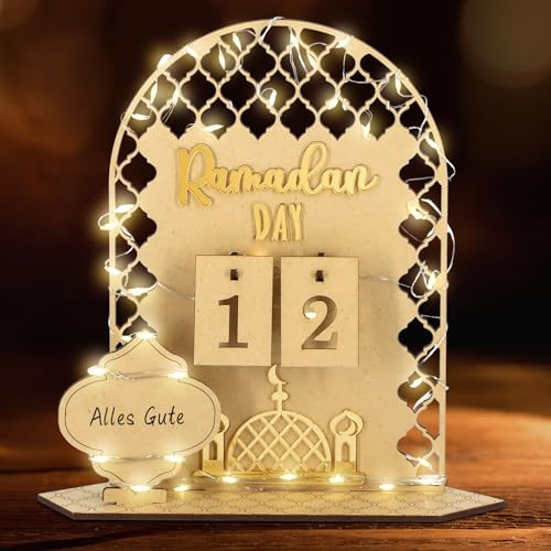 Giftota Ramadan Kalender mit LED Lichterkette, Ramadan Deko Aus Holz, Ramadan Mubarak Dekoration, Eid Mubarak Dekoration, Ramadan Kalender Kinder, Familien
