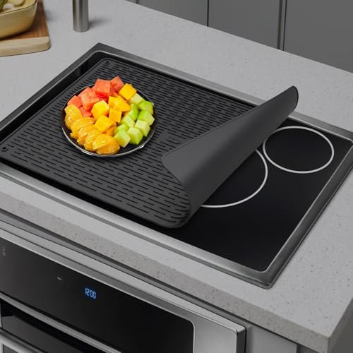 Herdplattenabdeckung für Elektroherd, Herdabdeckung, hitzebeständige Herdplatte, Silikon-Herdmatte für Glasplatte, Abtropfmatte für Küchentheke (Schwarz 76x54cm)