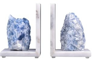 AMOYSTONE Buchstützen aus natürlichem Marmor, strapazierfähig, für Regale, L-förmige dekorative Buchstützen mit Gummibasis, einzigartiger blauer Calcit-Stein, für Zuhause oder Büro, Buchstütze