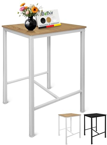 BeFair Bartisch Sven 60x60x100 cm Eiche/Weiß mit Fußstütze | Stabiles Metallgestell bis 100 kg | Fußstütze | 20 mm MDF-Platte | Höhenverstellbare Füße | Industrial Design