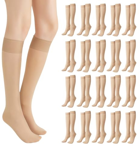 SIWOKJJO 20 pares de calcetines hasta la rodilla para mujer, color piel clara, medias largas transparentes, medias de nailon en color piel hasta la rodilla, medias transparentes de nailon para mujer