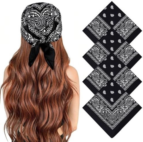 MELLIEX 4 Pezzi Bandane Sciarpa Paisley Bandana per Capelli 4 Colori Fazzoletto Unisex Fasce Ciclismo per Uomo e Donna - Nero