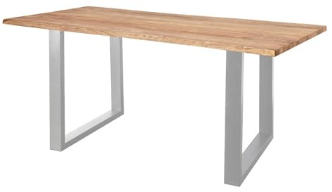 SAM Baumkantentisch 240x100cm Marek, Sheesham-Holz naturbelassen, Esstisch mit echter Baumkante, massiver Esszimmertisch mit U-Gestell Silber, Tischplatte 26mm