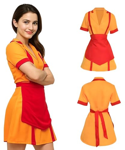 Yunlaishaocer 2 broke flickors maidklänning, röd-orange magisk outfit klassisk servitris-rollspel, två broke flickor kostym med förkläde, bra för halloween, karneval, fest, rollspel (L