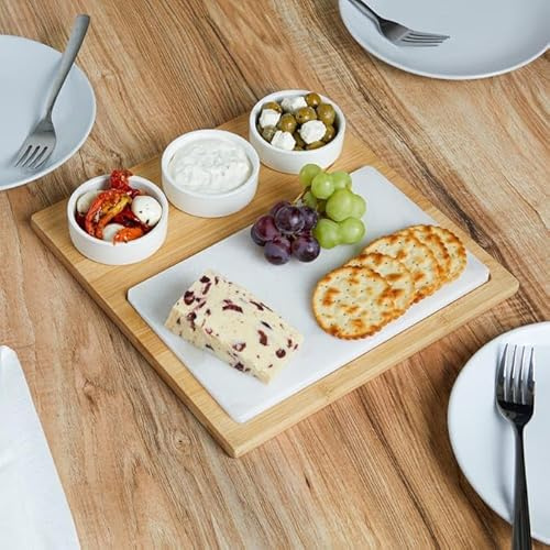 Fizporium Mable Serve Set – Marble & Bamboo Serving Boards with 3 Porcelain Bowls – Elegant Charcuterie & Snack Platter Set – 28x28cm – Stylish Hosting Gift