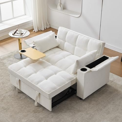Seyakany - Sofá convertible con respaldo ajustable, puerto USB, equipado con mesa oculta, portavasos, almacenamiento de reposabrazos, sofá de 2 plazas, sofá cama plegable multifuncional moderno