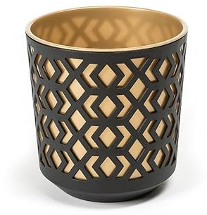 Modern Geometric Plant Pot, 19 cm Indoor Planter with Decorative Pattern, White and Grey or Black and Gold Metal Insert, Stylish Home Accent for Desk and Windowsill (Black with Gold Insert)