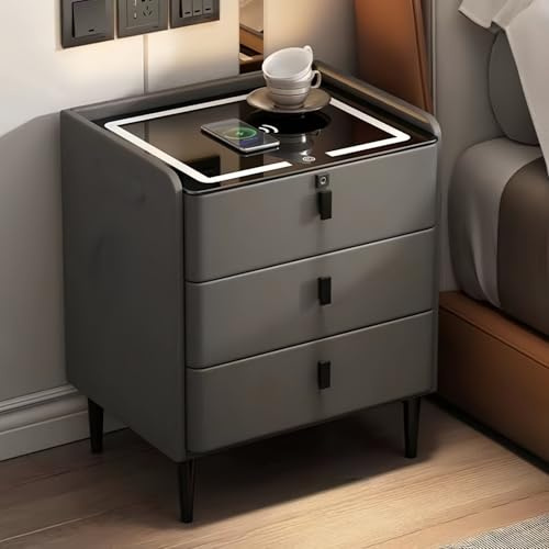 Kanbihao Smart Nightstand with Wireless & USB Charging, LED 3-Colour Light, Bluetooth Speaker, Fingerprint Lock, 3 Drawers, Modern Bedside Table for Bedroom Adults 50x40x59cm Dark Grey