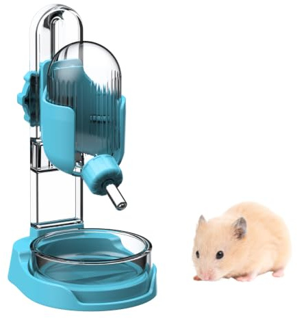 Botella de Agua para Hámster con Soporte, Dispensador de Agua de 100 ml con Cuenco de Comida para Hámsters Sirios, Hámsters Enanos, Ratones, Ratas, Degús (Azul, P1692- Independiente)