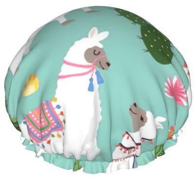 Tropical Llama Alpaca Cactus Flower Print Hair Cover For Shower, Women Adjustable Hair Cap Stylish Large Waterproof Shower Bonnet
