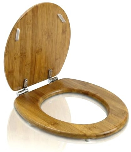 Muntel Toilettendeckel, WC-Sitz mit Deckel, Bambus Toilettenbrille, Edelstahl-Scharniere, Inkl. Montagematerial, Natürliche Optik,Rostfreie Metall Scharniere (Normal)