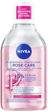 NIVEA - Eau Micellaire Rose Care - Efficacité Waterproof - Visage, Yeux, Lèvres - Nettoie & Démaquille - Peau Fraîche - 5% de Sérum & Eau de Rose Naturelle- Tous Types de Peaux - 400 ml