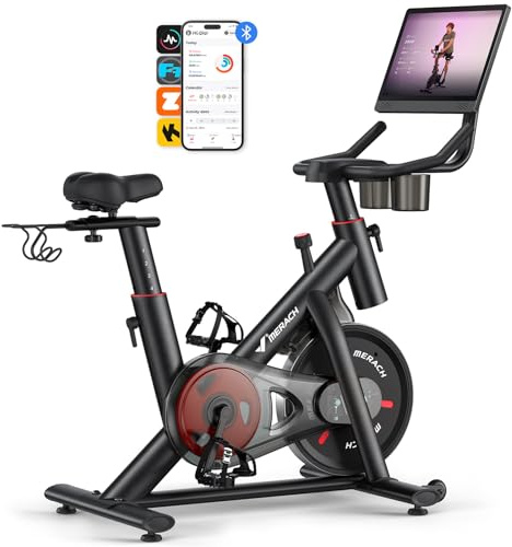MERACH Heimtrainer Fahrrad mit Verstellbarem Widerstand, Leises Hometrainer Fahrrad mit Verbessertem LED-Monitor, Tablet-Halter, Indoor Cycling Bike für Kardiotraining zu Hause, Eigener App, Bis 136KG
