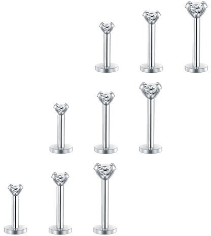 MODRSA 16G 2-4mm Chiaro CZ Labret Piercing Labbro Acciaio Chirurgico Trago Helix Orecchio Piercing Anello 6-10mm 9 Pezzi