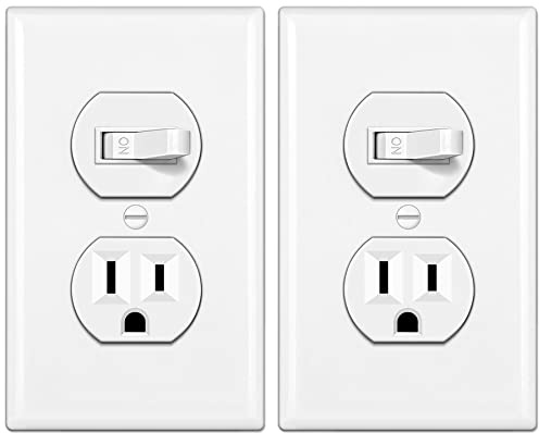 BESTTEN 2 Pack Combination Toggle Light Switch and Duplex Receptacle Outlet, Single Pole Toggle Wall Switch, Grounded Outlet, Combo Style, 15 Amp, Wallplate Included, UL Listed, White