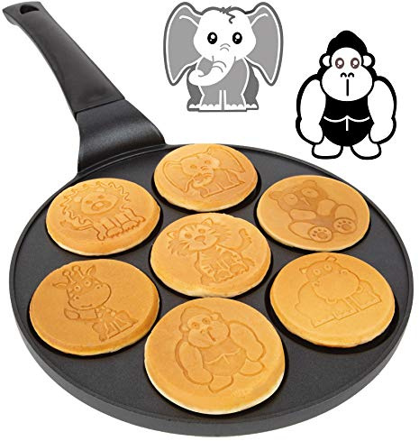 Animal Mini Pancake Pan- Make 7 Unique Flapjack Zoo Animals, Includes Elephant, Giraffe, Lion, Tiger, Panda, Gorilla & Hippo- Nonstick Pan Cake Maker Griddle for Morning Breakfast Fun & Easy Cleanup