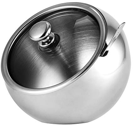Kleine Zuckerdose, Zuckerdose mit Deckel und Löffel [10 Unzen (300 Milliliter/1,25 Tasse)], Edelstahl Zuckerdose mit Glas schräg öffnendem Deckel (zur besseren Erkennung) Küche schräge Zuckerdose