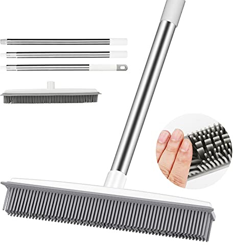 Globalstore Escoba de empuje para eliminar el pelo de mascotas con escoba, escoba de cerdas de silicona suave con mango largo ajustable de 47 pulgadas, cepillo de barredora de alfombras que no raya