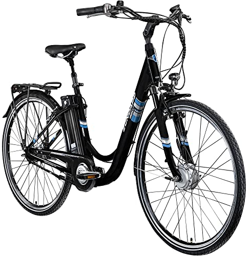 ZÜNDAPP E Bike City 28 Zoll | Elektro Fahrrad für 150-175 cm | 7 Gang Ebike Vorderrad Motor | E-Bike Elektrofahrrad mit Beleuchtung | Retro Hollandrad Green 3.7 (schwarz/blau, 48 cm)