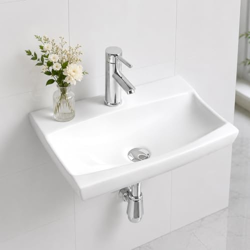 BELOFAY Wall-Mounted Bathroom Sink Basin – 10x49x33cm Modern White Ceramic Wash Basin with Scratch-Resistant Gloss Surface – Rectangular Sink Basins for Cloakroom, Vanity Cabinet, and Bathrooms