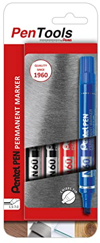 PenTools by Pentel 4 pennarelli indelebili N60, punta a scalpello resistente (tratto da 1,5 a 7,0 mm) per marcatura permanente, colori assortiti