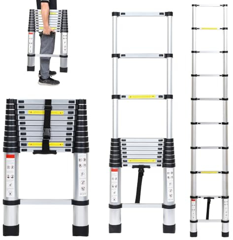 Cecaylie Teleskopstege i aluminium med avtagbar hake, 3,2 meter utdragbar stege, halkfri aluminiumstege, stående stege, multifunktionsstege, utdragbar aluminiumstege, utdragbar stege med 150 kg lastkapacitet