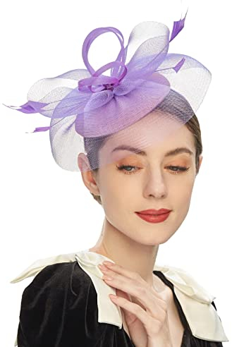 Fascinator Hut Damen Hochzeit Kopfschmuck Hüte Hat Clip Haarclip Hut Stirnband Mesh Tea Party Kopfbedeckung Frauen Pillbox Hut Haarschmuck für Kirche Halloween Cocktail Club Lila