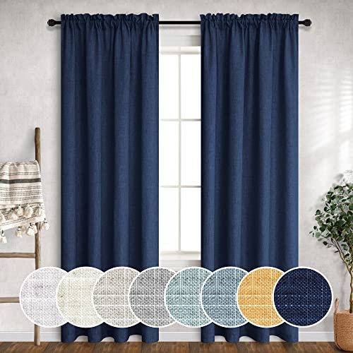 Mrs.Naturall Navy Blue Linen Curtains for Living Room Bedroom 2 Panels with Rod Pocket Light Filtering Semi-Transparent Dark Blue Indigo Patio Sliding Door 52x82 Inch