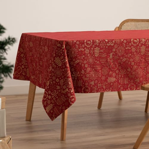 GAMUSI Tischdecke für Weihnachten, Jacquard, Goldfaden, für Esstisch, rechteckig, Weihnachtsdekoration, 140 x 240 cm, Rot