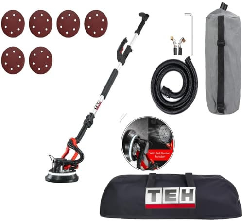 Drywall Sander with Vacuum Auto Dust Collection(880W),Double-Deck LED Lights Sander, Variable Speed, 1000-2100RPM Electric Drywall Sander with 6 Pcs Sanding Discs, Dust Absorption Bag