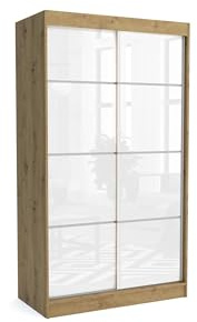 Brent - Kleiderschrank mit Schiebetüren July, 120cm Breit, Schlafzimmerschrank mit 1 Kleiderstange und Einlegeböden für Kleidung, Kleiderschrank Artisan Eiche/Weiß Hochglanz