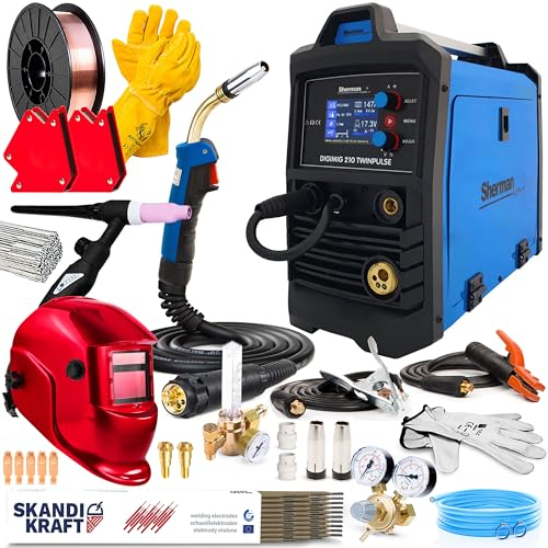 Sherman DIGIMIG 210 Twinpulse - Soldador Inverter Profesional con y Sin Gas de 200 A - MMA, TIG Lift, Soldadura por Puntos - Ajuste de Inductancia y Memoria para 36 Ajustes - Set Professional