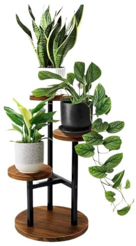 VONGAZ Pflanzenständer Blumenständer Blumenregal 4-stufiger Pflanzenständer, Hohe Pflanzenständer Aus Metall Und Holz Für Zimmerpflanzen, Mehrstufiges Blumenregal Pflanzenregal Blumenbank