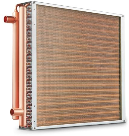 VEVOR Échangeur de chaleur eau-air, 50,8x50,8 cm, échangeur thermique, 3 rangées ports en cuivre, 242 ailettes aluminium pour four à bois extérieur, refroidissement résidentiels, chauffage à air pulsé