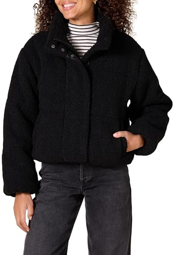 Amazon Essentials Women's Relaxed Fit Cropped Full-Zip Puffer Jacket with Snap Closure, Quilted Matte or Sherpa Fleece, Black Teddy Sherpa, Large