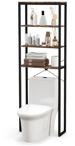 COSTWAY Étagère de Rangement Au-Dessus des Toilettes, Meuble WC 4 Niveaux, en Bois, Cadre en Métal, Kits Anti-basculement, Pieds Réglables, pour Salle de Bain, Noir + Marron Rustique
