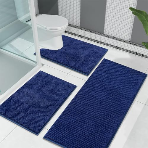 Enyhom Chenille Bath Mat Set, Luxury Soft Anti-Slip Bathroom Rug Water Absorbent Machine Washable Toilet Mats Set for Bathroom Floor (Navy, 45x65+45x120+U50x60cm)