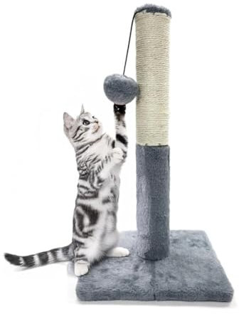 Pets Crew 48cm Cat Scratching Post with Sisal Pole, Plush Base, Pom-Poms | Sturdy Cat Furniture for Scratching, Climbing & Play | Durable Sisal Rope & Soft Plush for Kittens and Cats (Grey)