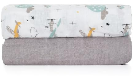 Petite&Mars Lot de 2 langes en mousseline de bambou Misty 2 en 1 x 120 x 120 cm - Hypoallergéniques - Bambou - Coton - Chiffon à cracher - Chiffon en mousseline - Chiffon en mousseline (Planes grises)