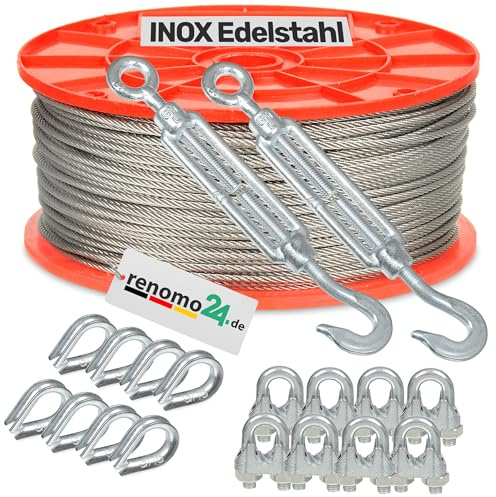 Renomo24 Edelstahlseil Set 5 (2mm 7x7) - 10m, 2x Spannschloss Haken/Öse, 8x Bügelklemmen, 8x Kauschen / V4A / AISI 316 (INOX)
