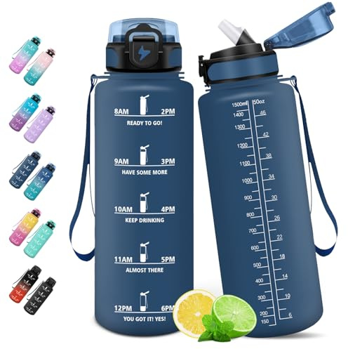 HoneyHolly Trinkflasche Sport 1.5L mit Strohhalm, Auslaufsicher, Wasserflasche, mit Zeitmarkierung, Trinkflasche Kohlensäure Geeignet für Outdoor, Radfahren, Fitness, Yoga