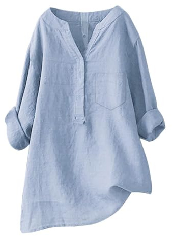 Muslin blus damer överdimensionerade stora storlekar – lång skjorta med fickor lös linneblus V-ringad blusskjorta button-down toppar enfärgad långärmad skjorta sommar sportskjorta säckig t-shirt,