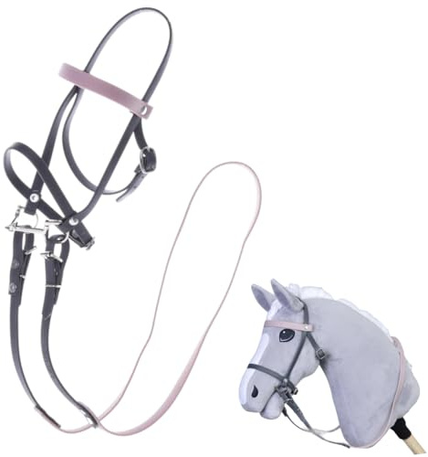 LarDen Hobby Horse Trense mit Zügeln | Komplettes Kunstlederzaumzeug Grau mit Pink Stirnriemen | Hobbyhorse Zubehör | für Steckenpferd, Stockpferd, Hobby Horsing, Spielpferd