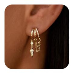 Muorruo Silver Earrings for Women, 14K Gold Plated, Triple Huggie Earrings, Delicate Dangle Earrings, Small Silver Hoops, Statement Earrings