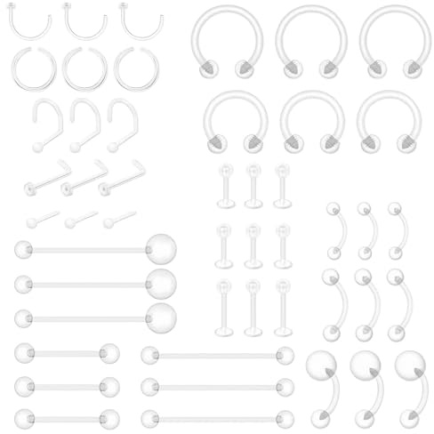 LOCCY 48 Stück Klar Körperpiercing Kit, Plastik Klare Piercing Retainer Nasenpiercing Lippe Piercing Labret Bauchnabel Augenbrauen Nippel Zunge Septum Tragus Helix Ohrstecker Piercings