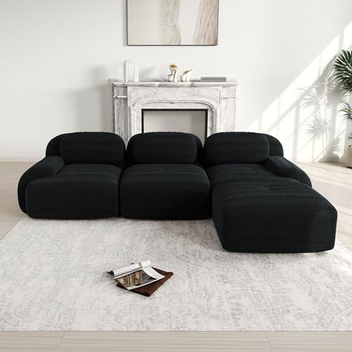 A ALFRESCOOL Modulares 3 Sitzer Sofa aus Cordstoff, Ecksofa, Boneless Couch mit 1 Ottomane, Compressed Sofa, Ohne Montage & Rutschfester Unterseite, frei Kombinierbar, 298×178×75cm (Schwarz)