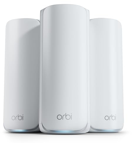 NETGEAR Orbi Tri-Band WiFi 7 Mesh Network System (RBE773) - Router + 2 Satellite Extenders, Security Features, Up to 11Gbps, Covers up to 8,000 sq. ft., 100 Devices, 2.5 Gig Internet Port (Renewed)