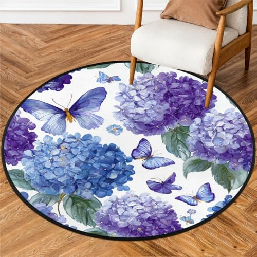 Fabpuro Tappeto rotondo da 1,5 m, lavabile, antiscivolo, per soggiorno, camera da letto, asilo, decorazione per la casa, blu, viola, ortensia, fiore, farfalla